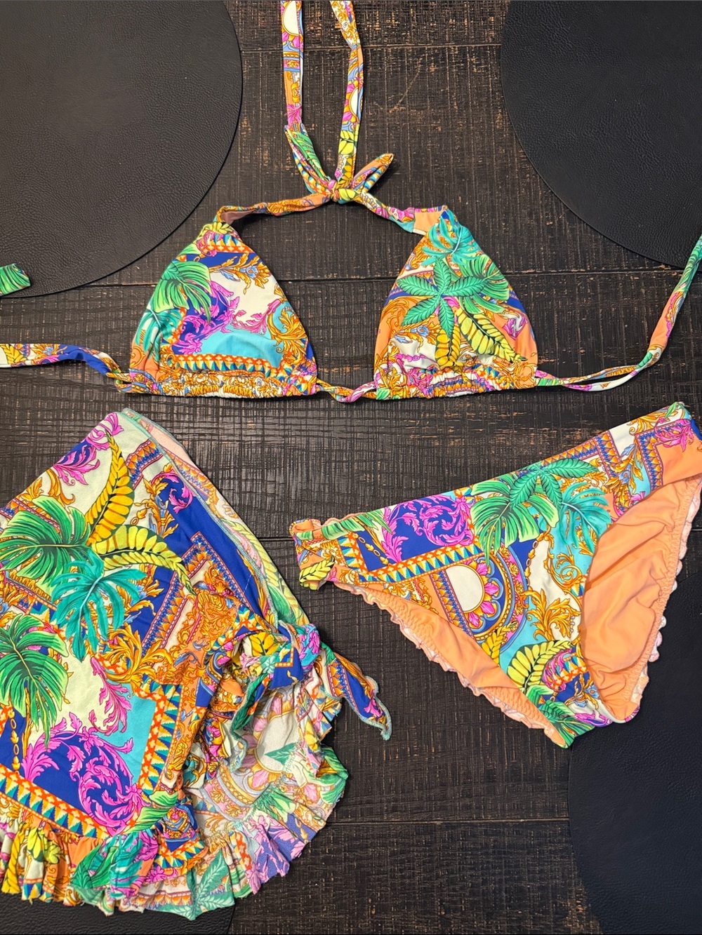 Luli Fama Tropical Print 3pc. Swimsuit with Ruffle Trim - Multicolor